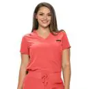 Wholesale women's coral v-neck scrub top with short sleeves and chest pocket