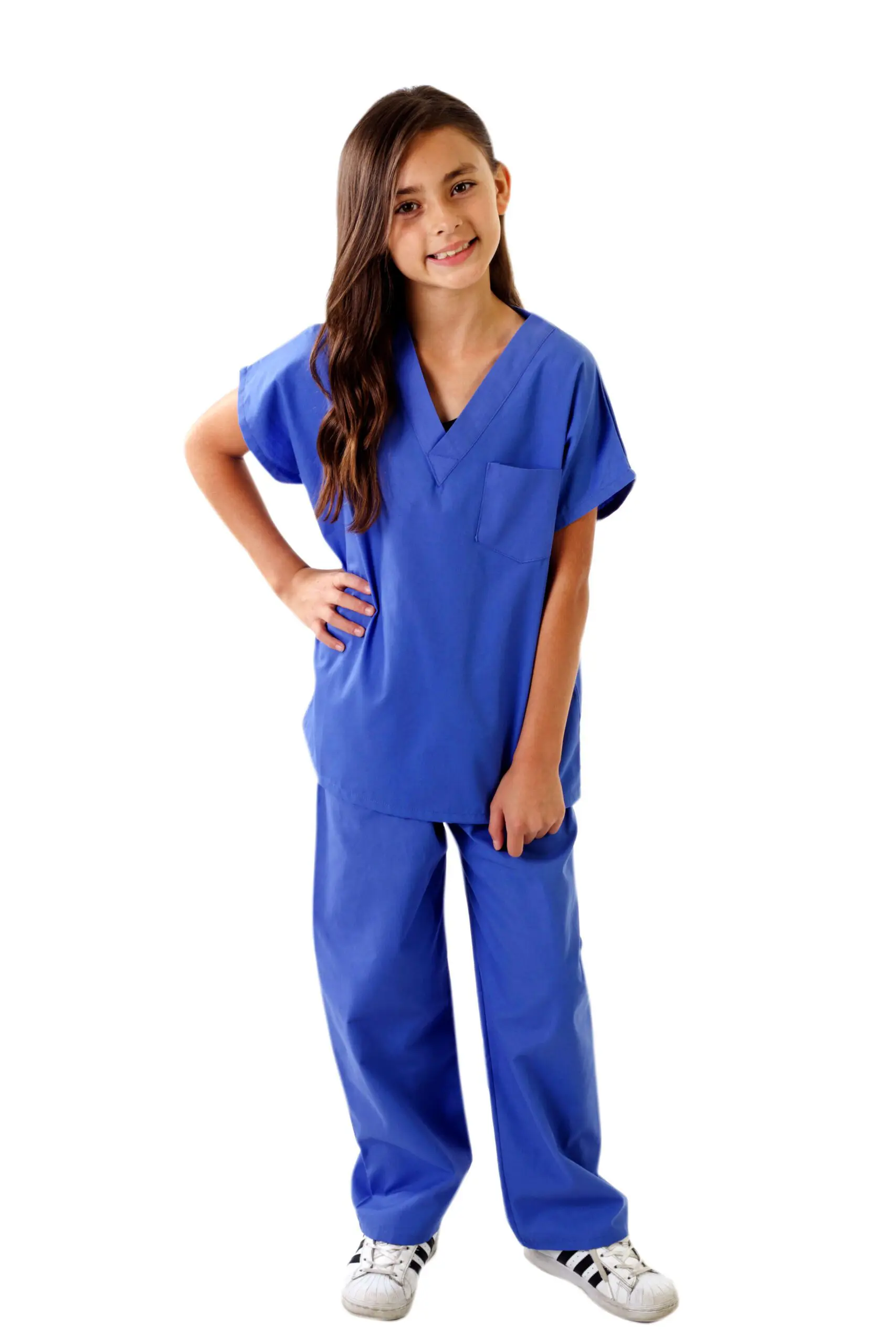 Wholesale children's blue v-neck scrubs set with short sleeve top and matching pants