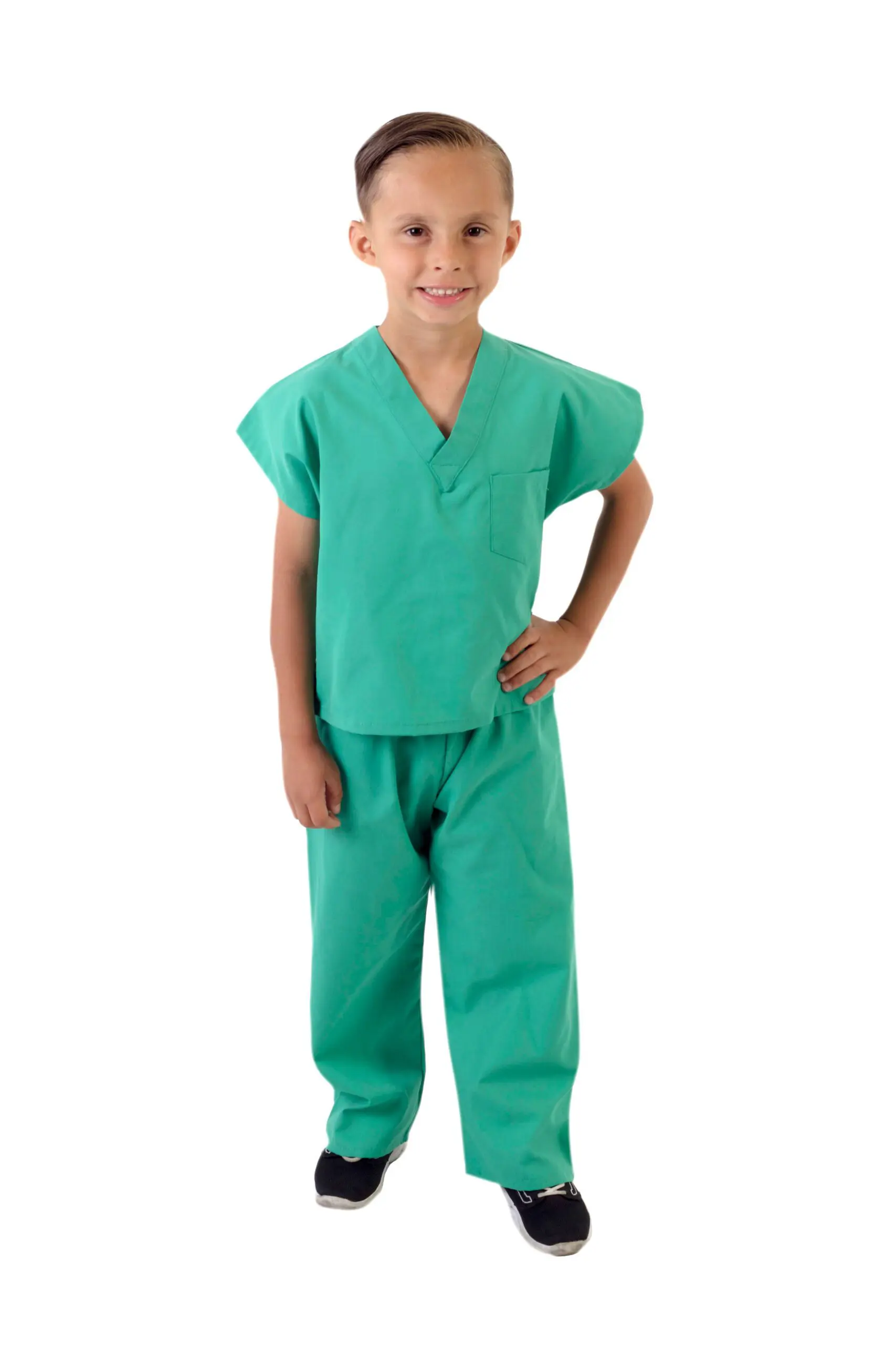 Wholesale children's green scrub set with v-neck top and drawstring pants