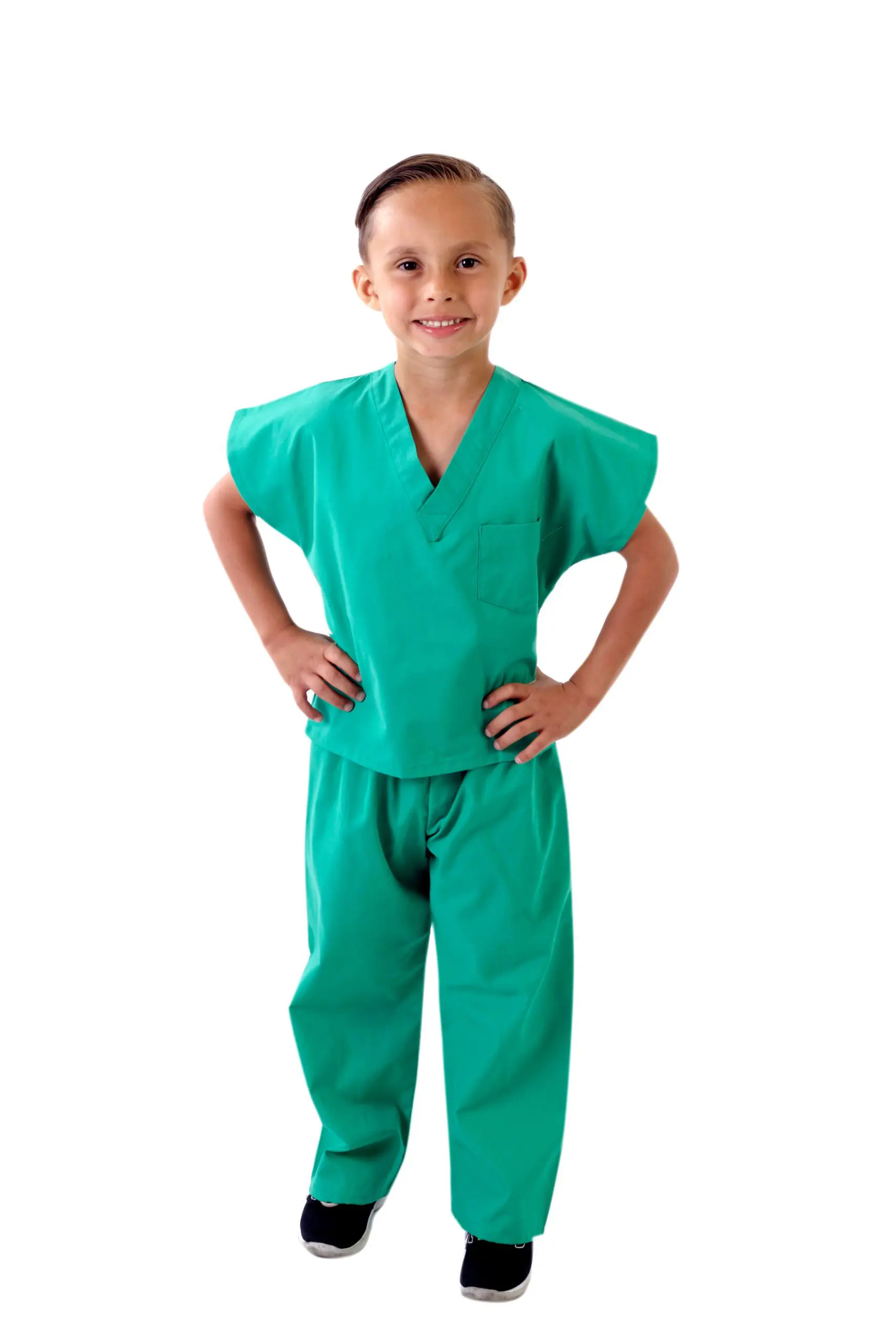 Wholesale kids' turquoise v-neck scrub set with short sleeves and drawstring pants
