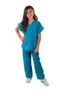 Wholesale kids' teal v-neck scrub top and pants set with short sleeves