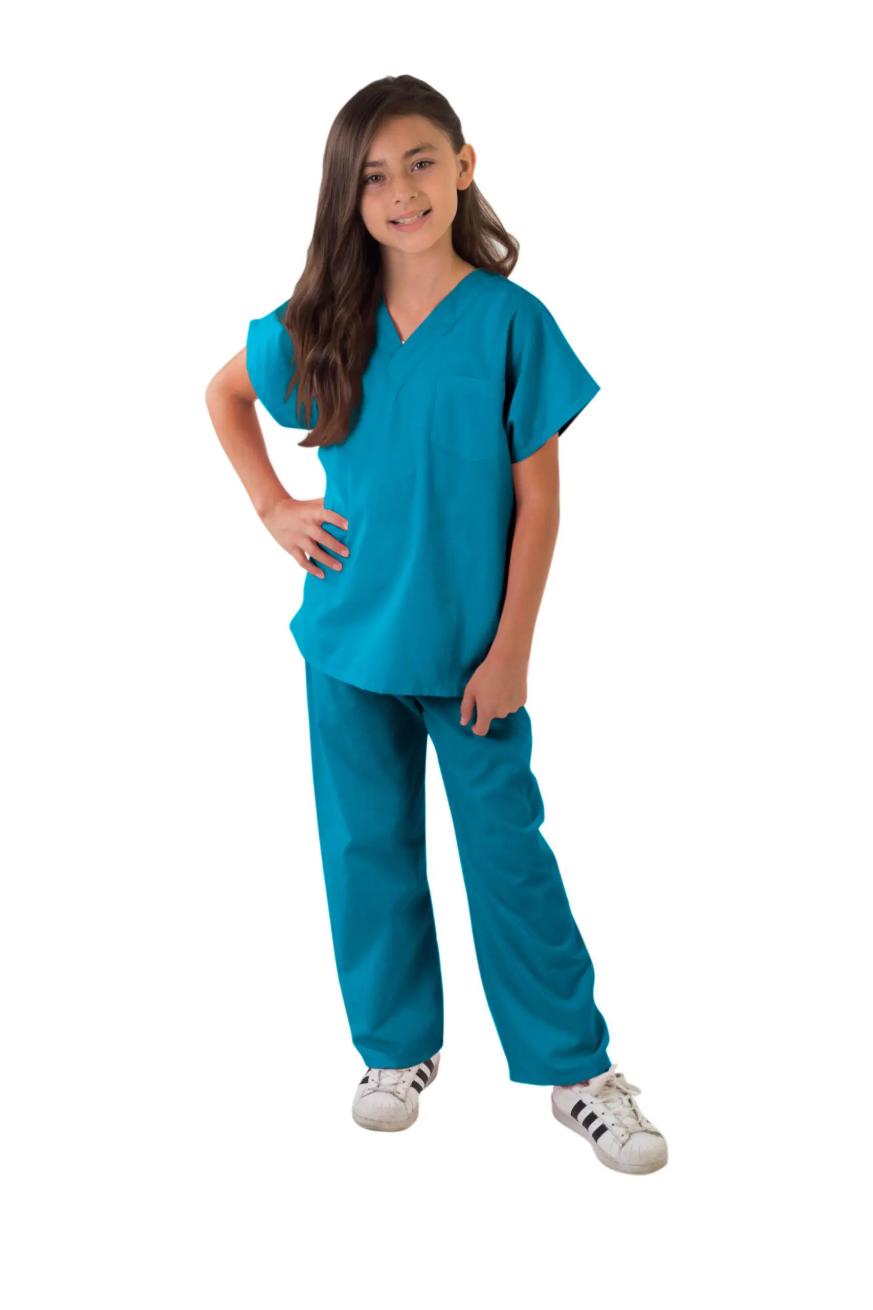 Wholesale kids' teal v-neck scrub top and pants set with short sleeves