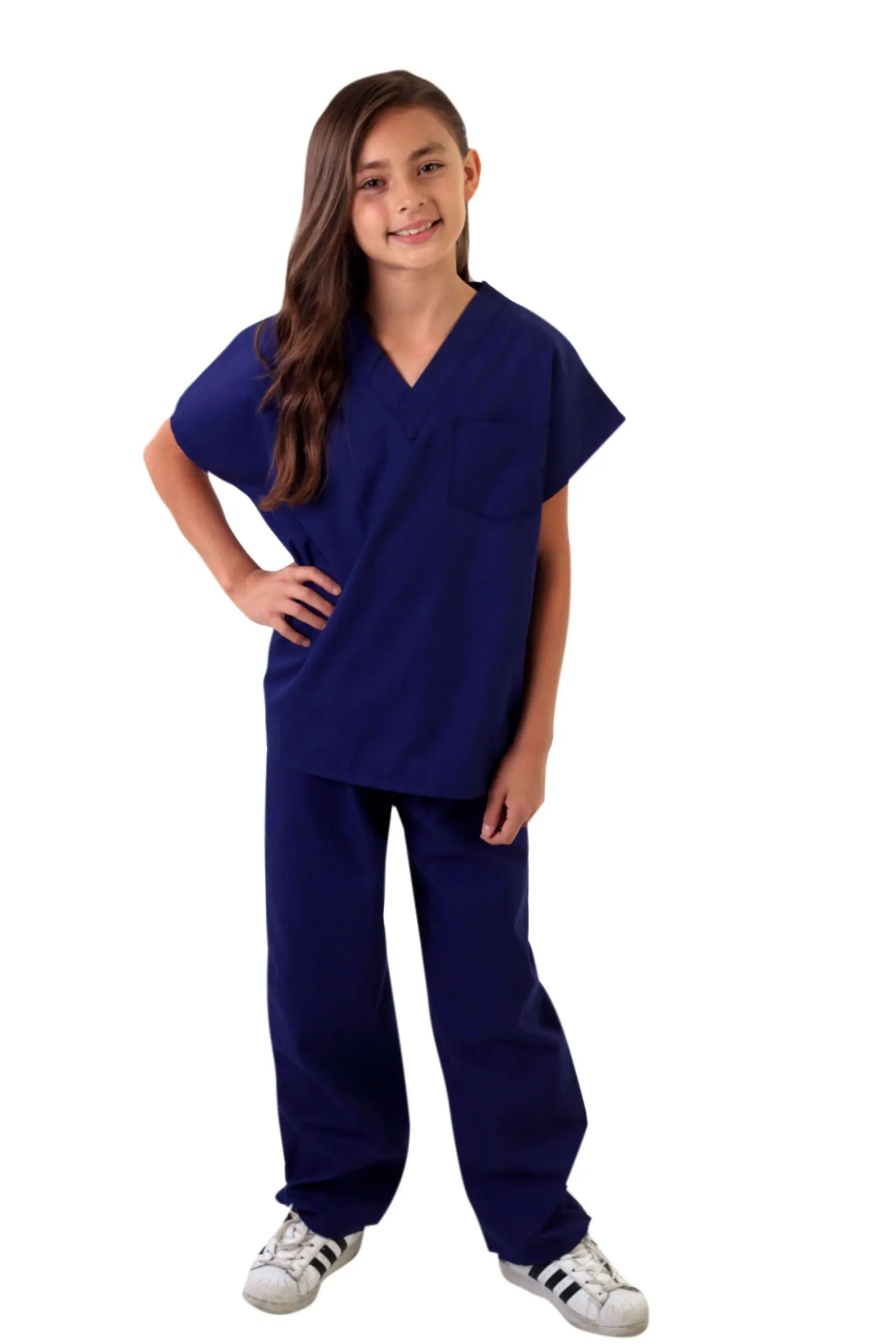 Wholesale navy blue children's scrub set with short-sleeve v-neck top and matching pants