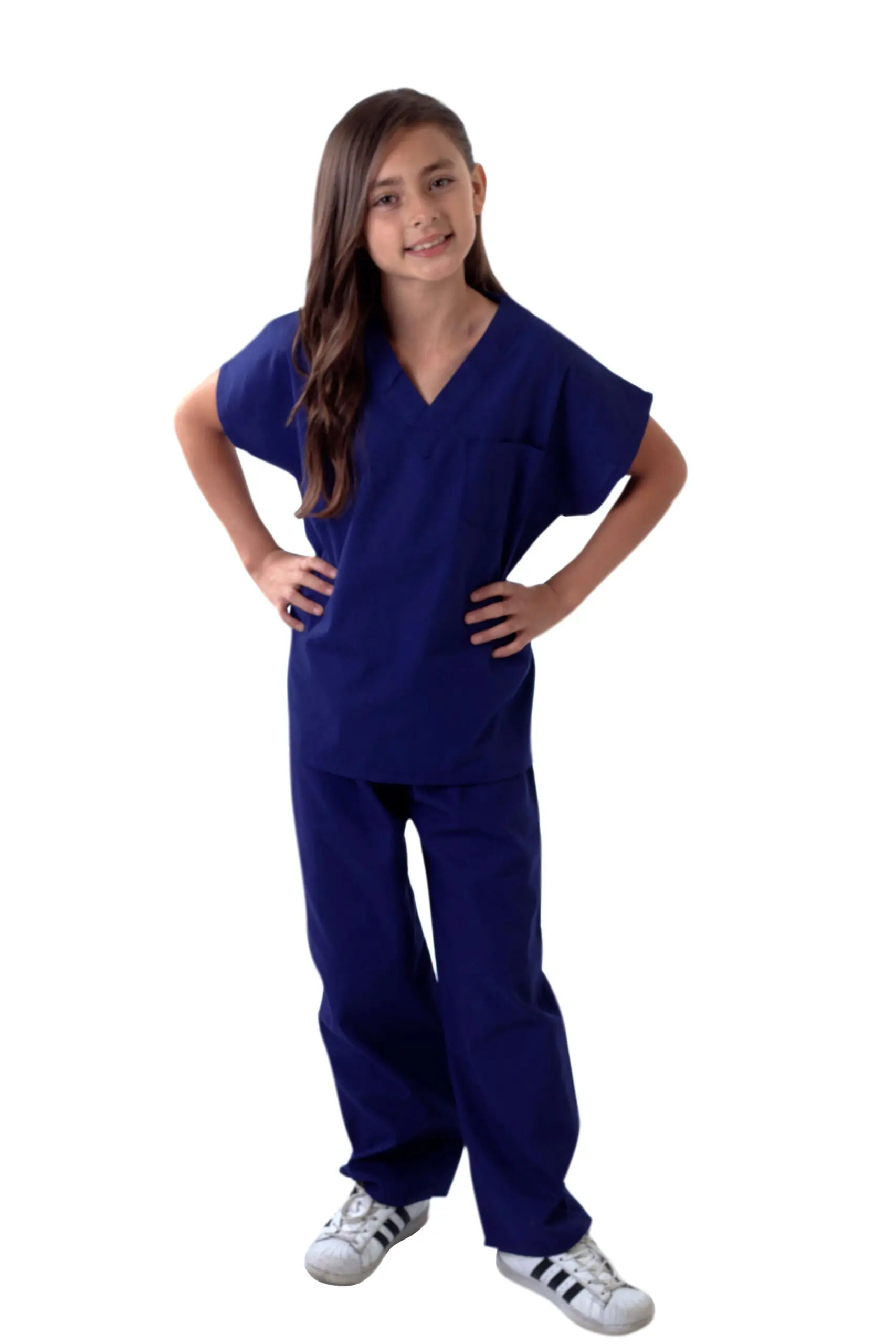 Wholesale children's navy blue v-neck scrub set with short sleeves and matching pants