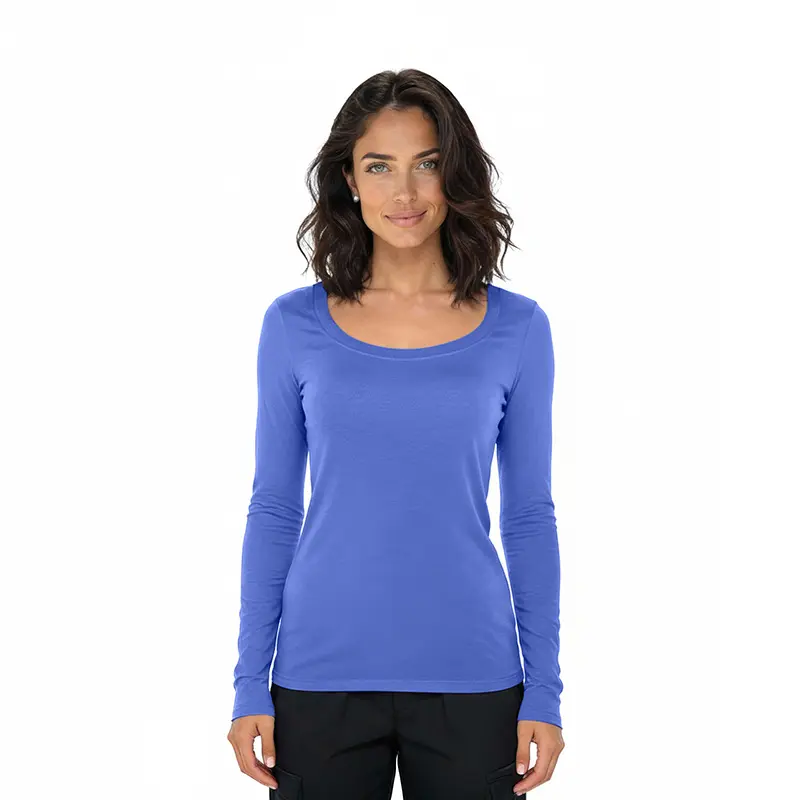 Wholesale women's long sleeve blue crew neck t-shirt