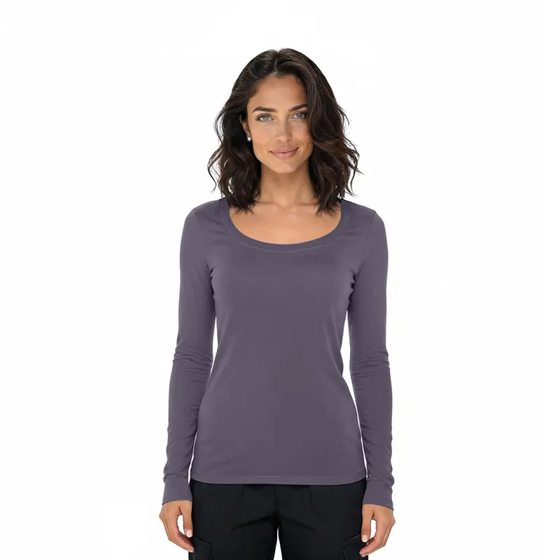 Wholesale women's long sleeve scoop neck t-shirt in charcoal gray
