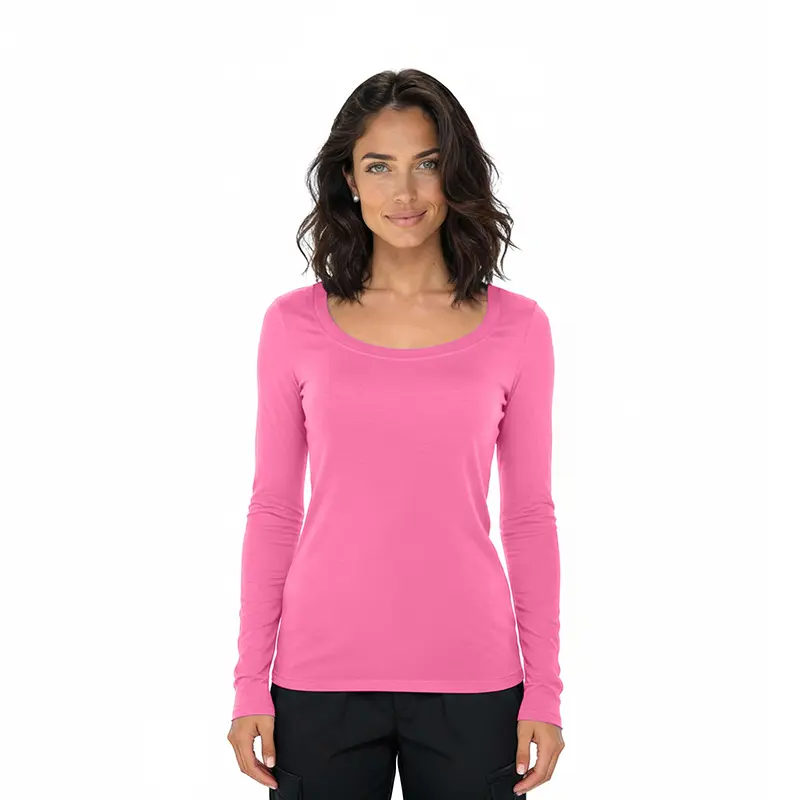 Wholesale women's long-sleeve scoop neck t-shirt in hot pink