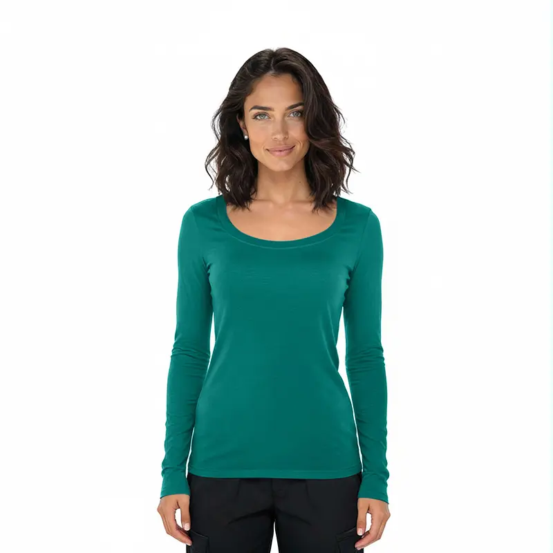 Wholesale women's long sleeve teal crew neck t-shirt