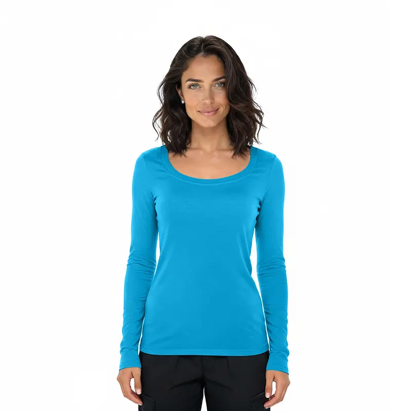 Wholesale women's long-sleeve blue scoop neck t-shirt