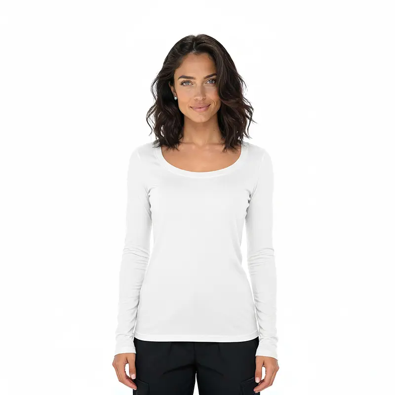 Wholesale women's white long-sleeve scoop neck fitted t-shirt