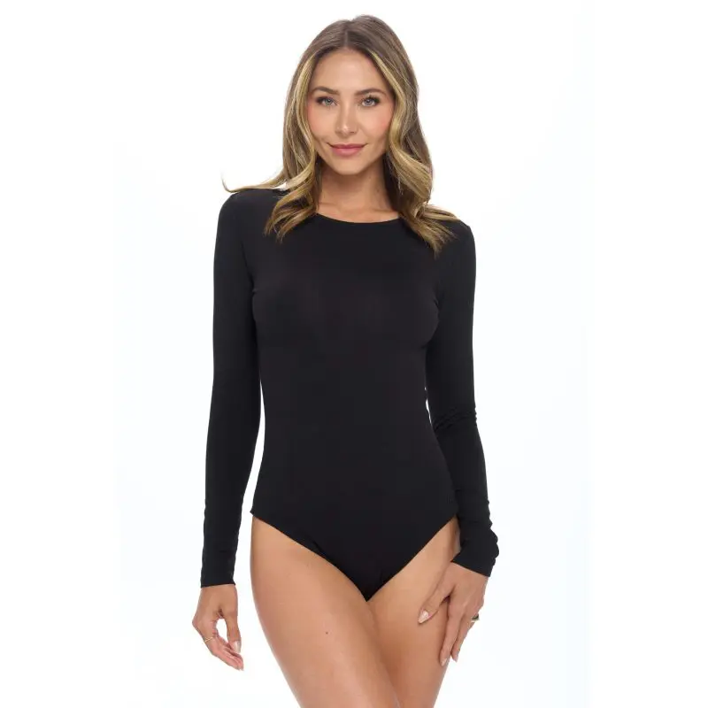 Wholesale women's black long-sleeve bodysuit with crew neckline