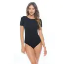 Wholesale women's black short-sleeve bodysuit with crew neckline