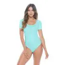 Wholesale women's short-sleeve scoop neck bodysuit in turquoise