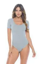 Wholesale women's light blue short-sleeve bodysuit with scoop neckline and fitted silhouette