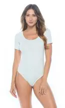 Wholesale women's light blue short-sleeve bodysuit with scoop neckline