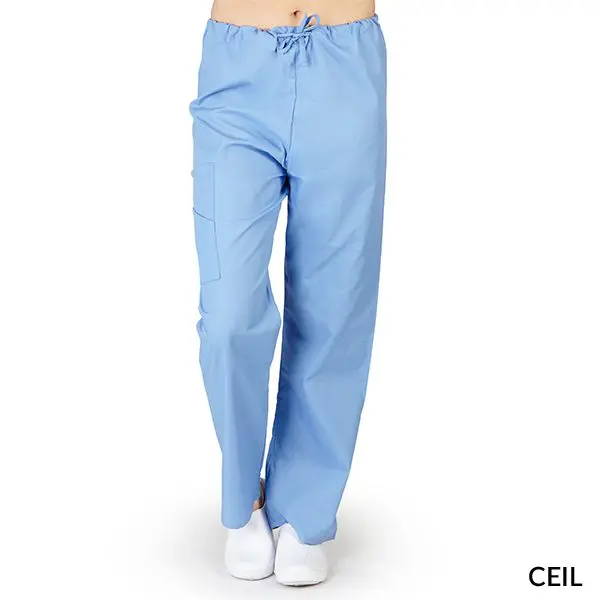 Wholesale women's light blue scrub pants with drawstring waist and cargo pockets