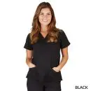 Wholesale women's black short sleeve wrap top with front pockets and tie waist
