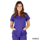 Wholesale women's purple short-sleeve wrap scrub top with pockets and tie waist