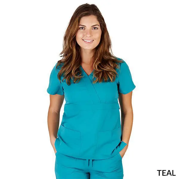 Wholesale women's teal scrub top with short sleeves, v-neckline, and multiple pockets