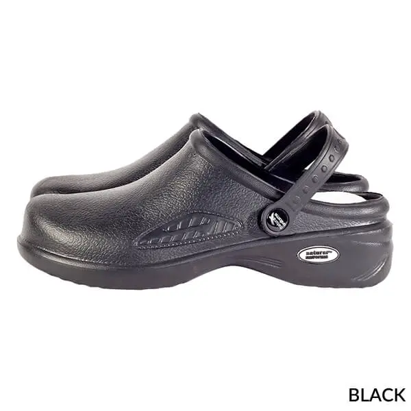 Wholesale black slip-on clog with textured upper and cushioned platform sole