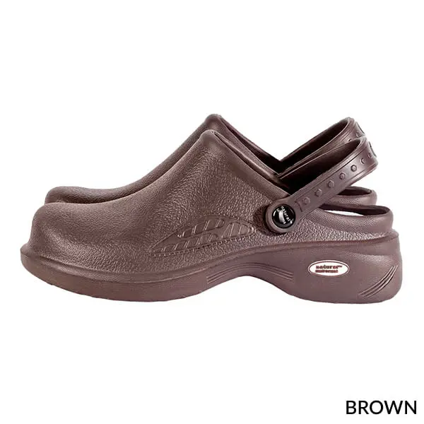 Wholesale brown clogs with adjustable heel strap and textured upper design