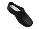 Wholesale black leather slip-on clog with white interior lining and cushioned sole