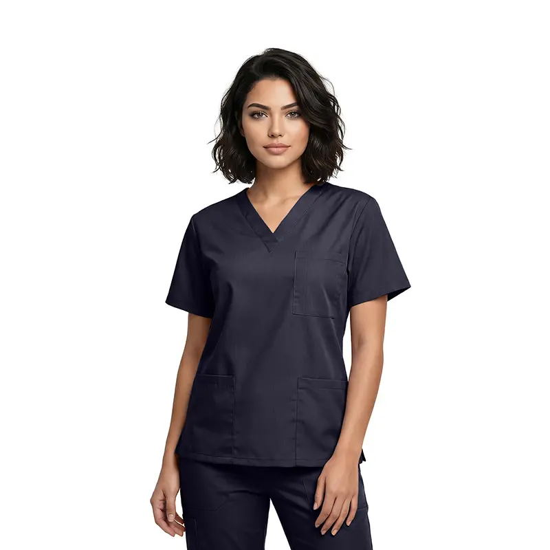 Wholesale women's navy blue scrub top with v-neck and front pockets