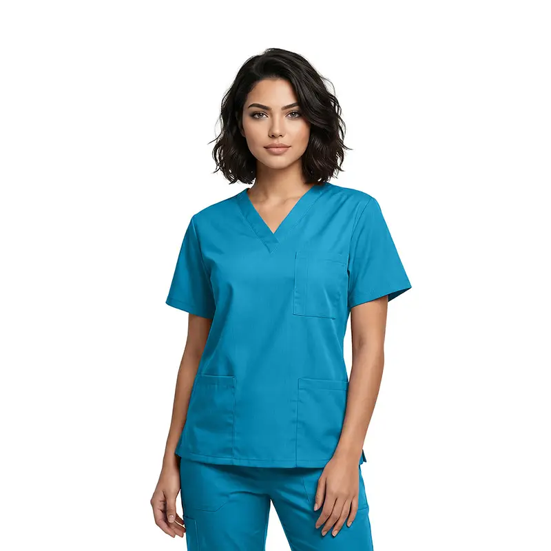 Wholesale women's scrub top in teal blue with v-neckline and chest pockets
