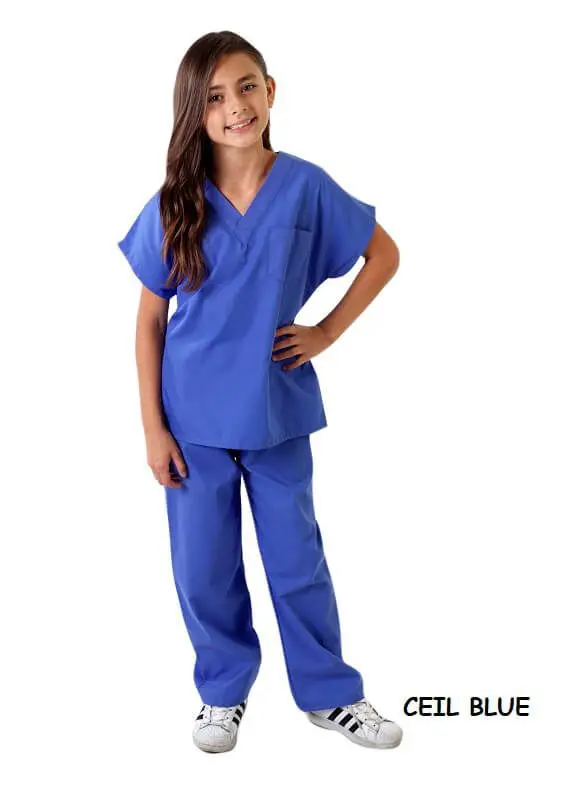 Wholesale children's ceil blue scrubs set with v-neck top and straight-leg pants