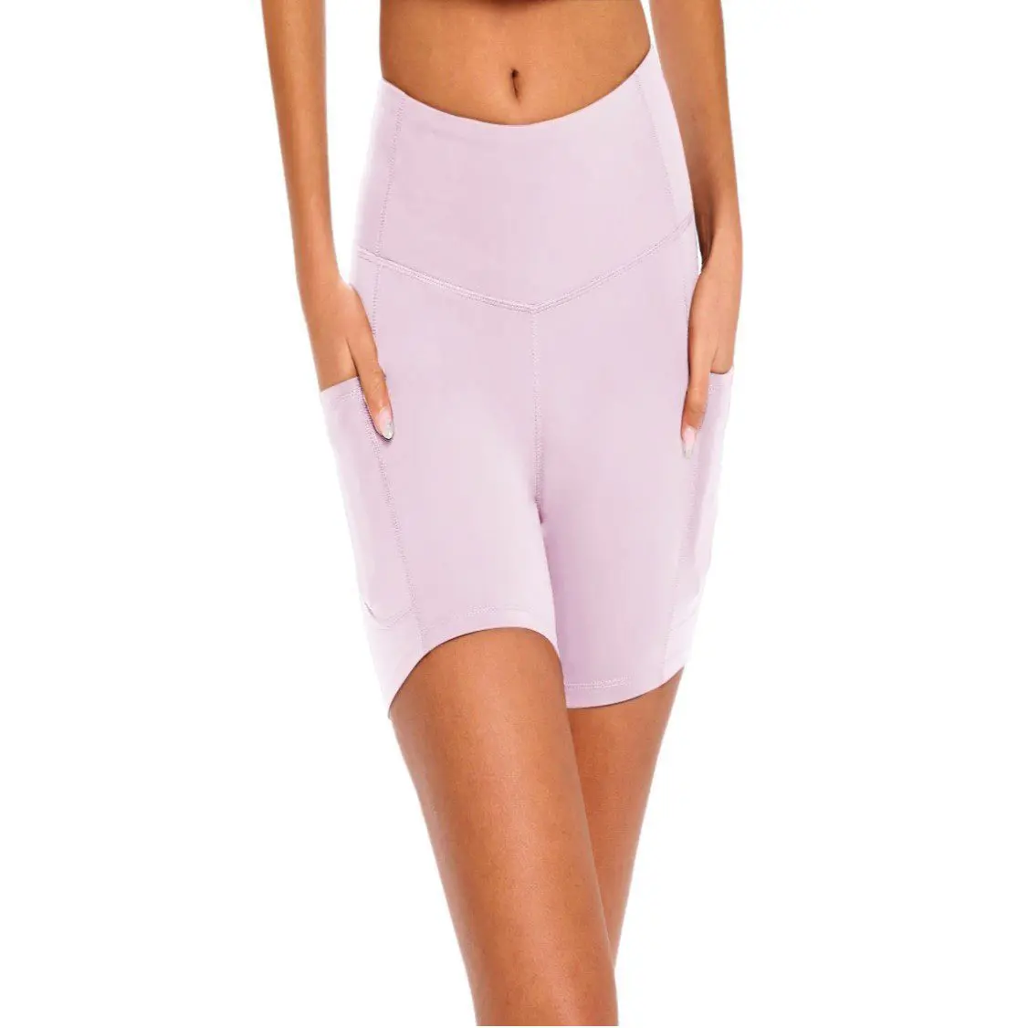 Wholesale women's pink high-waist bike shorts with side pockets and seamless design