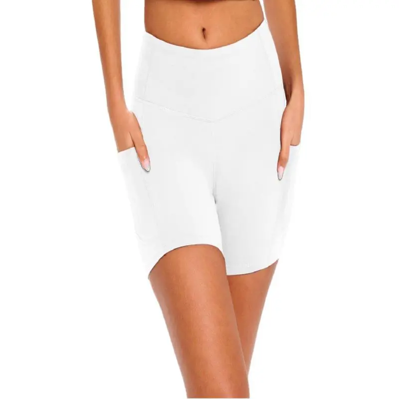 Wholesale women's white high-waist bike shorts with pockets and seamless construction