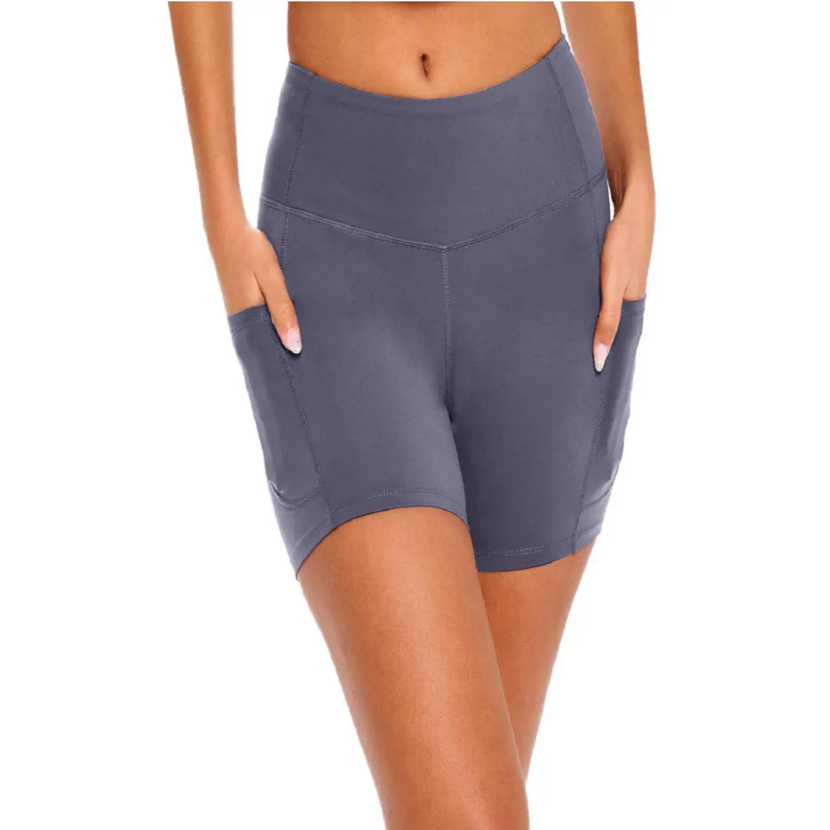 Wholesale women's gray bike shorts with pockets and high waist design