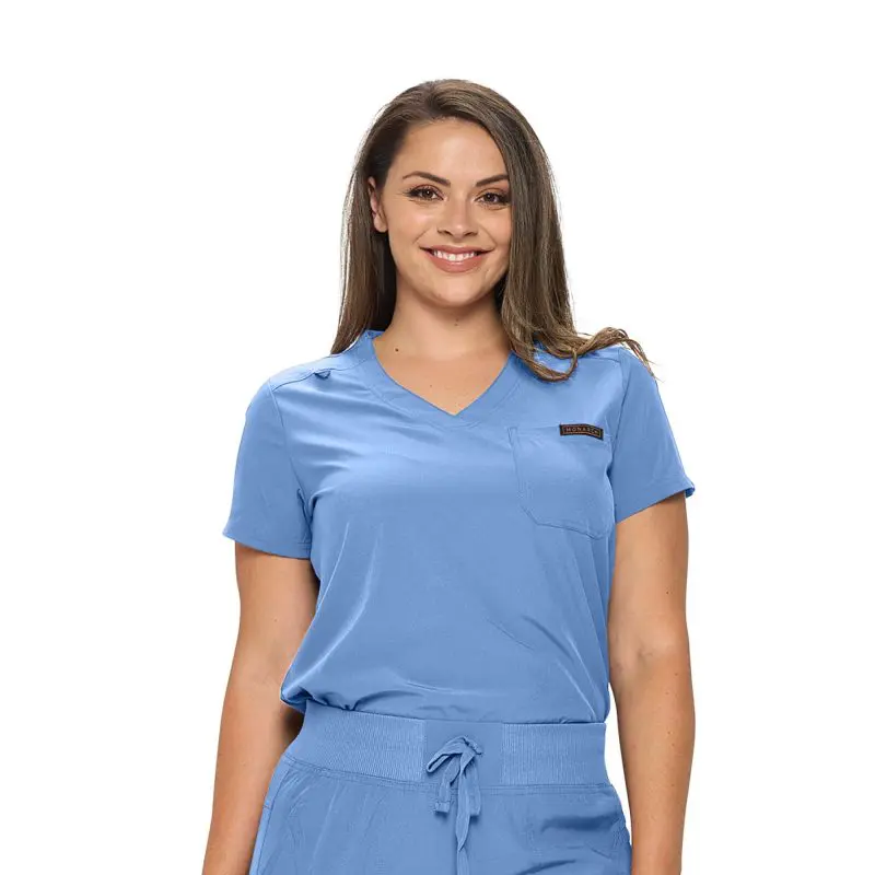 Wholesale women's blue v-neck scrub top with short sleeves and chest pocket