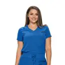 Wholesale women's blue v-neck scrub top with short sleeves and chest pocket