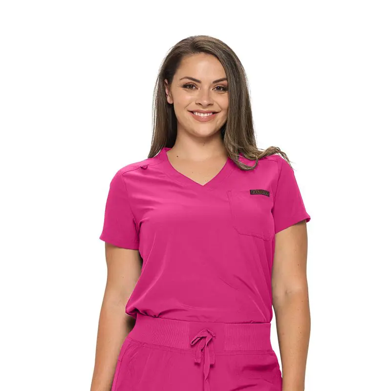 Wholesale women's pink v-neck scrub top with short sleeves and front pocket