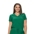 Wholesale women's green v-neck scrub top with short sleeves and chest pocket