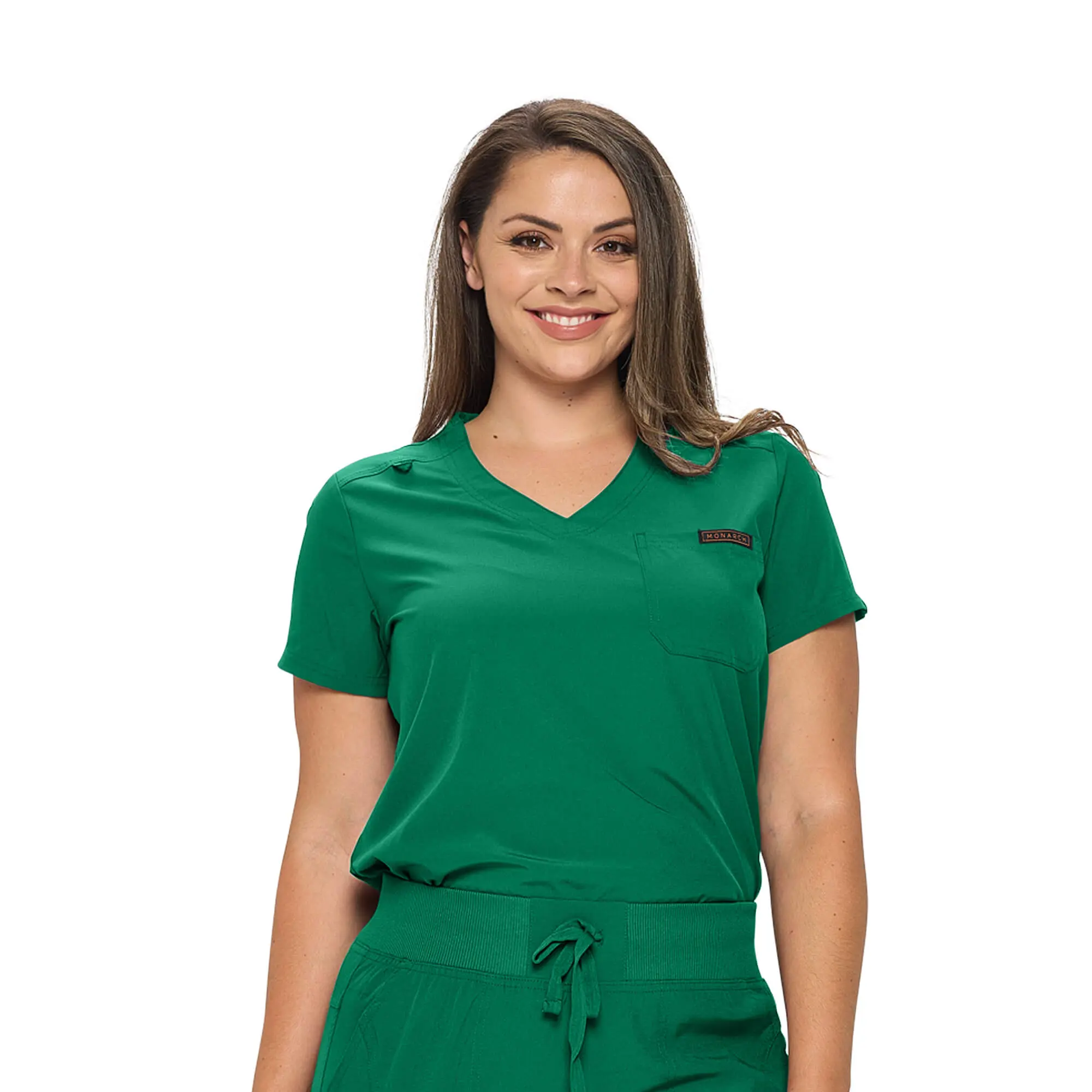 Wholesale women's green v-neck scrub top with short sleeves and chest pocket