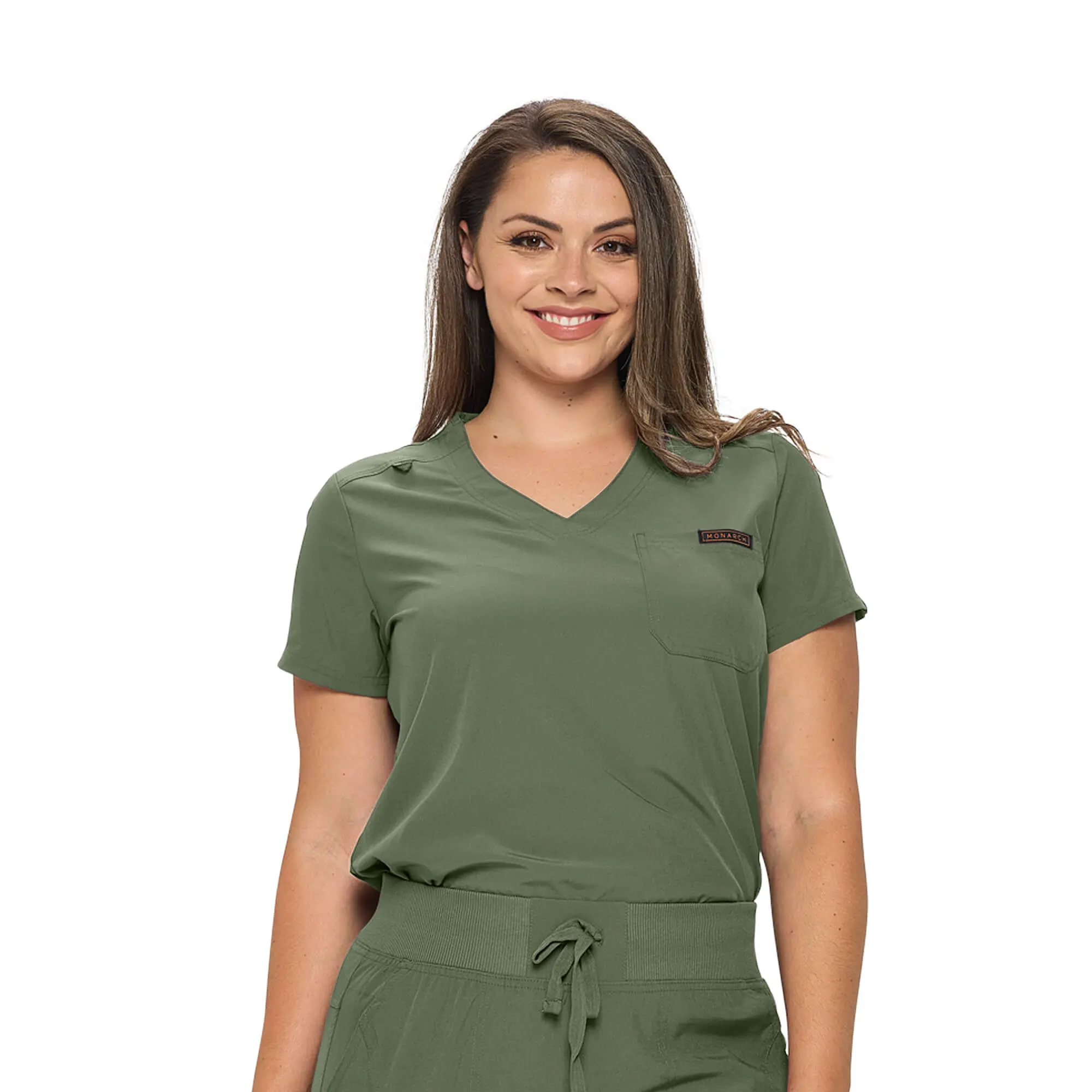 Wholesale women's sage green v-neck scrub top with short sleeves and chest pocket