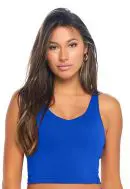 Wholesale women's blue racerback sports bra with v-neckline