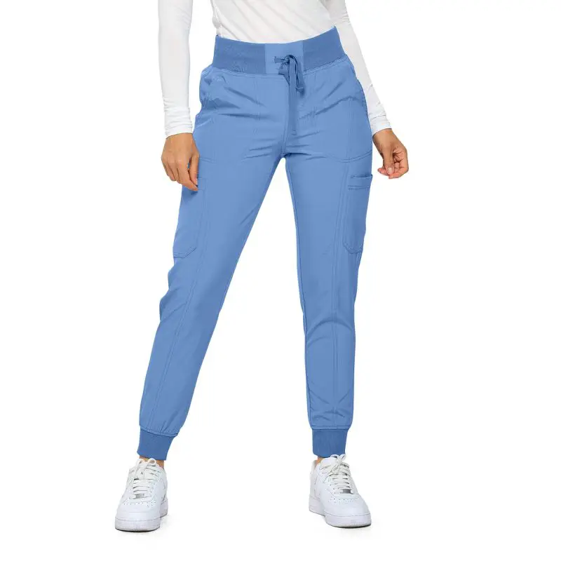 Wholesale women's blue cargo jogger pants with drawstring waist and side pockets