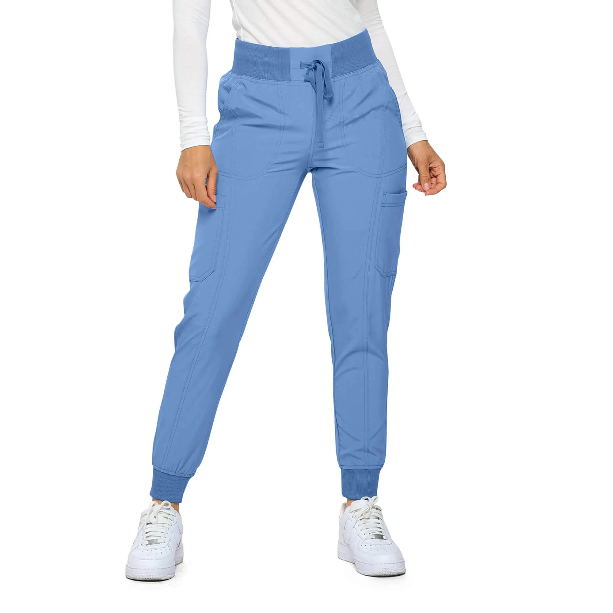 Wholesale women's blue jogger pants with cargo pockets and drawstring waist