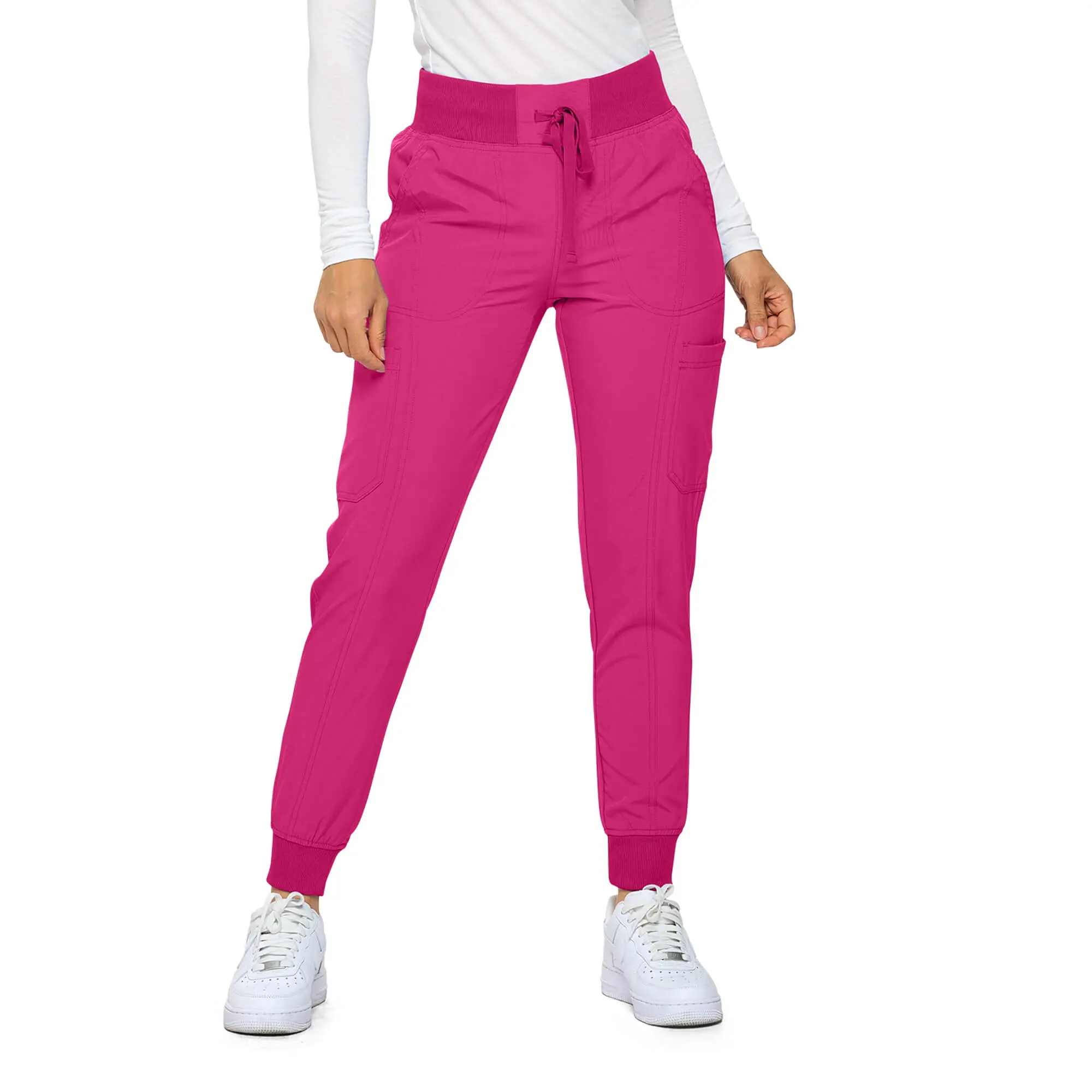 Wholesale women's hot pink cargo jogger pants with drawstring waist and white sneakers