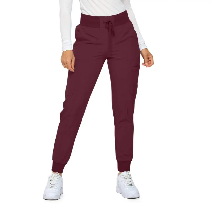Wholesale women's burgundy jogger pants with drawstring waist and cargo pockets