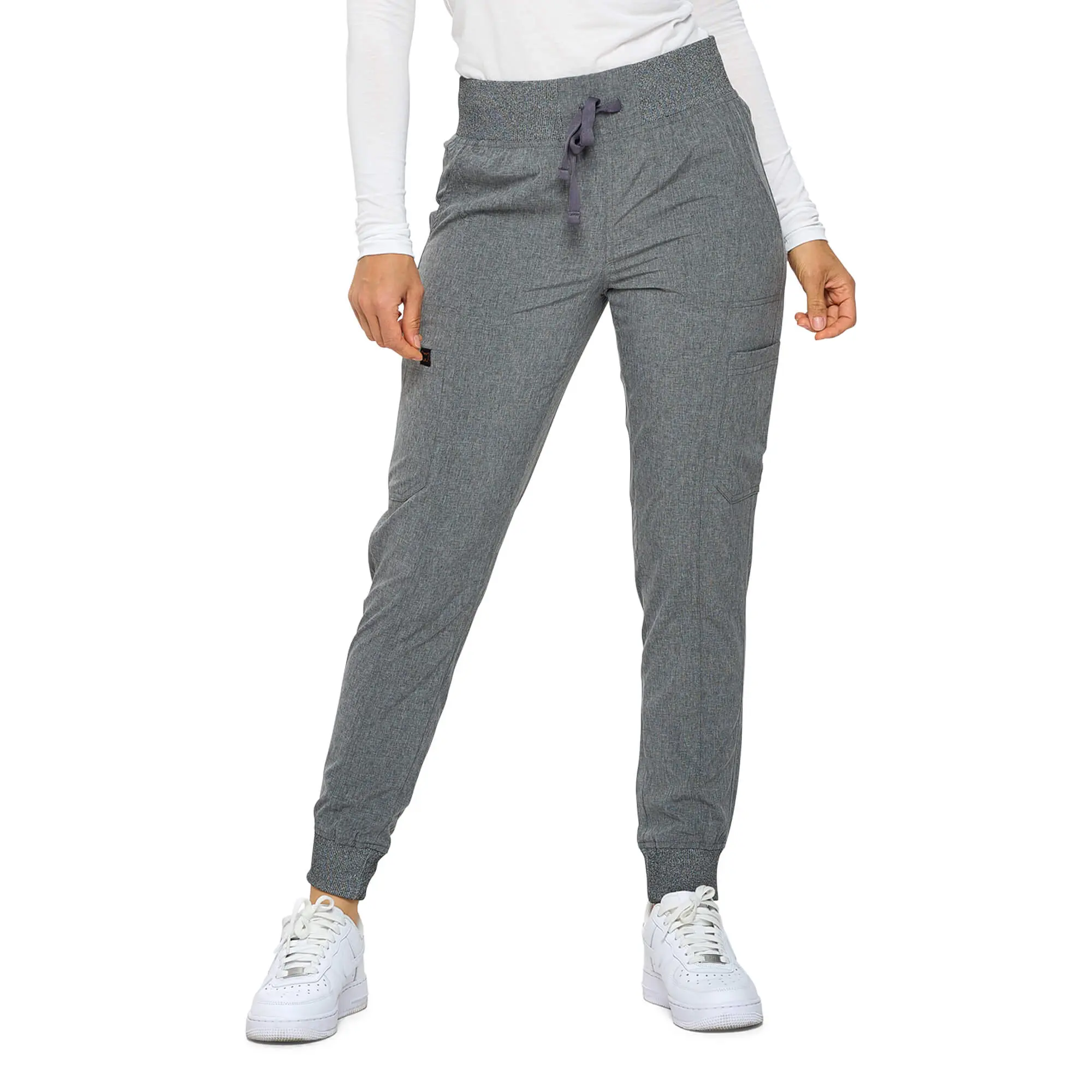 Wholesale women's heather gray jogger pants with drawstring waist and cuffed ankles