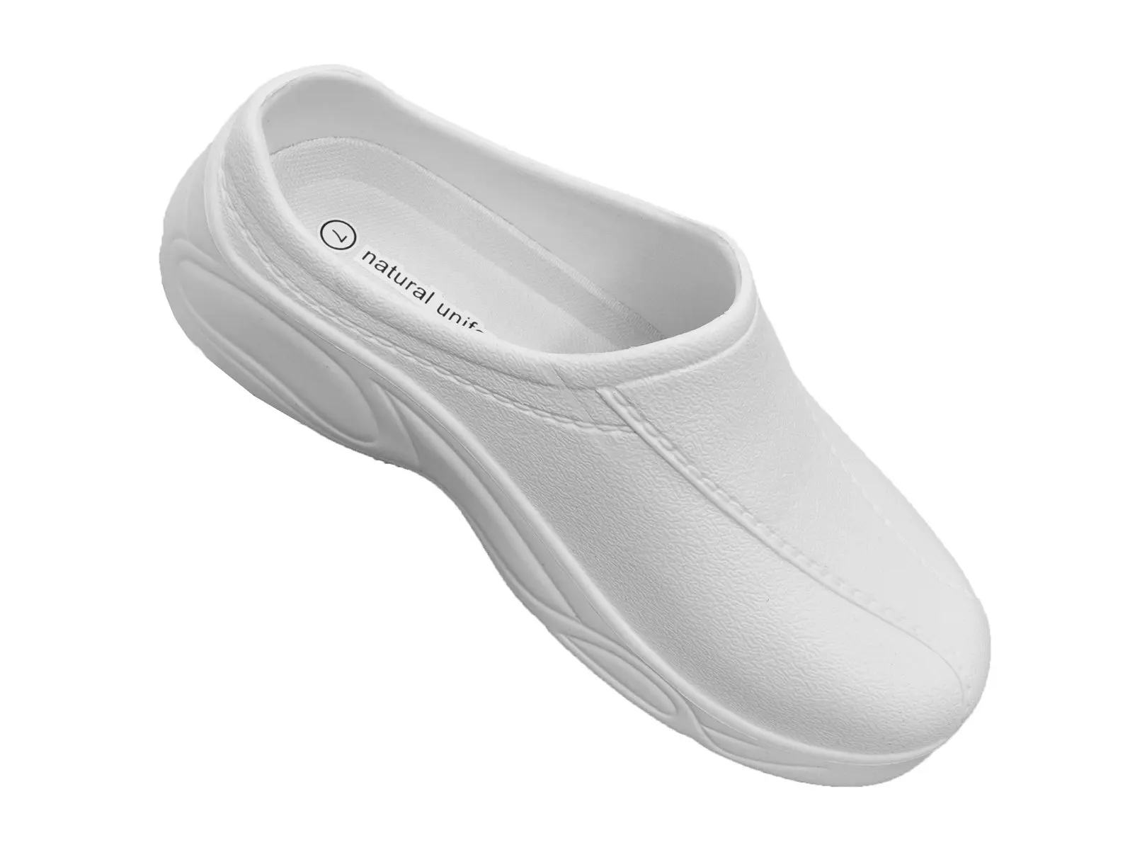Wholesale white leather slip-on clog with cushioned sole and natural unit branding on insole