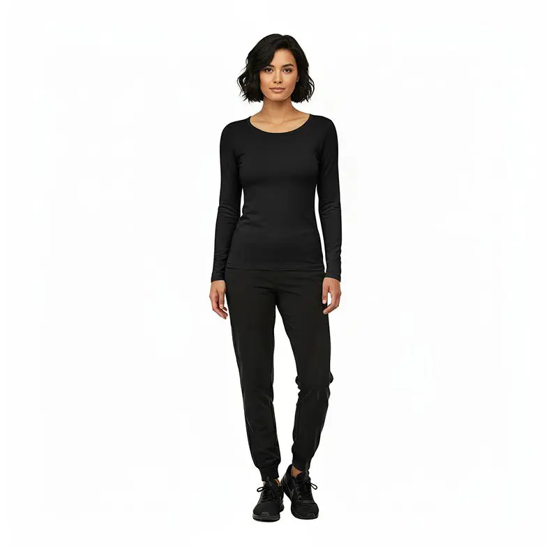 Wholesale women's black long-sleeve crew neck top and jogger pants set