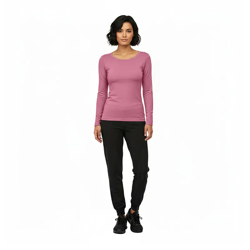 Wholesale women's mauve long-sleeve fitted crew neck top with black jogger pants and black lace-up shoes