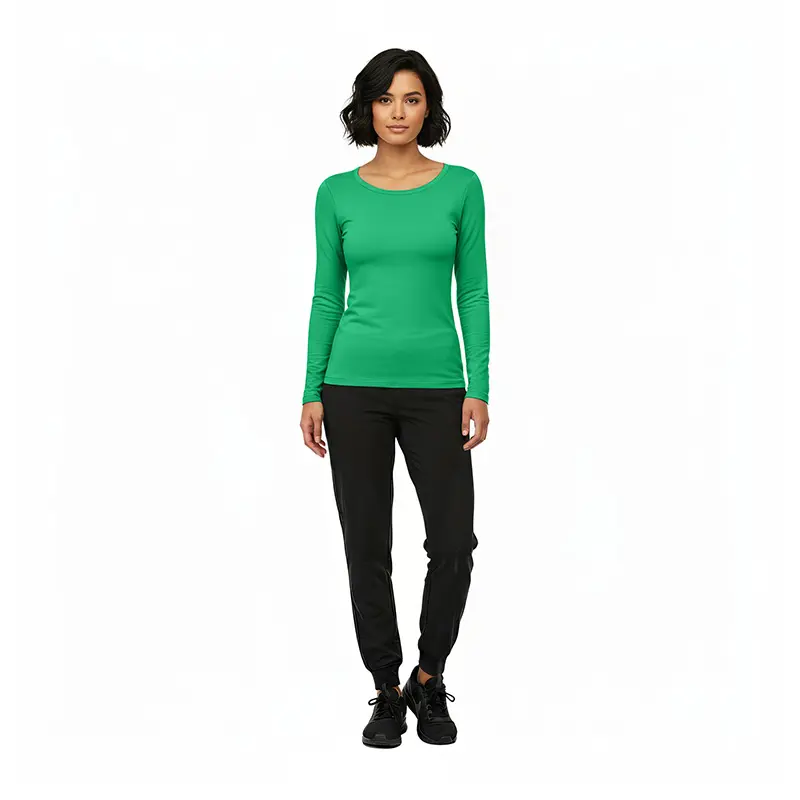 Wholesale women's green long-sleeve crew neck top with black jogger pants and black lace-up shoes