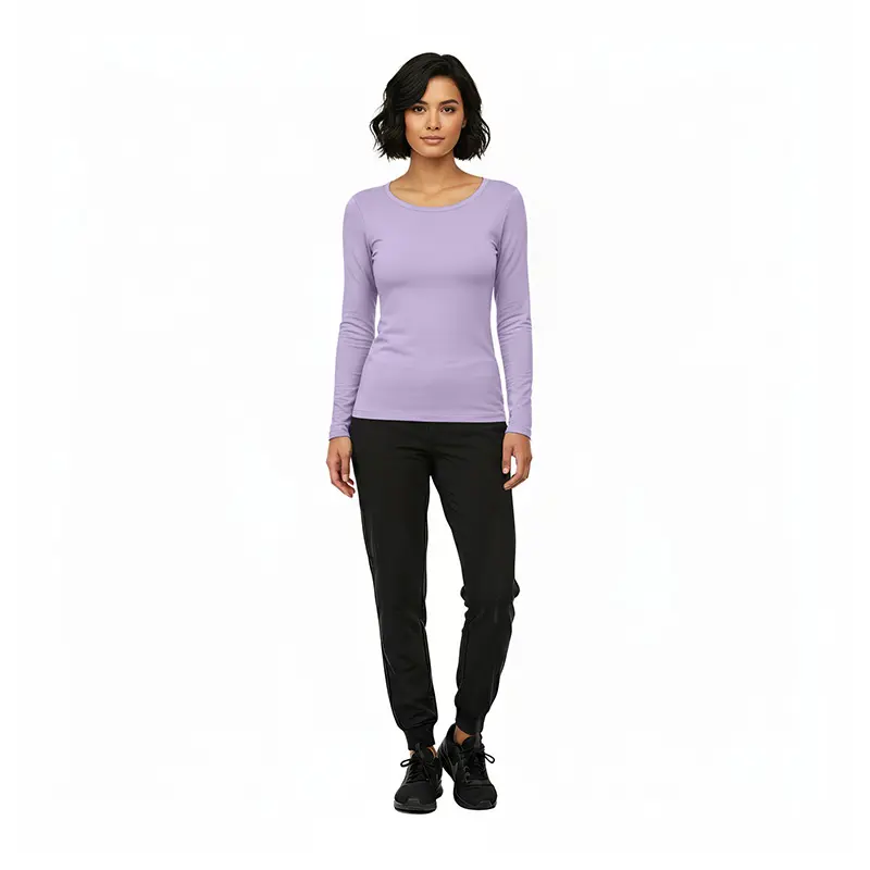 Wholesale women's lavender long-sleeve crew neck top with black jogger pants and black lace-up shoes