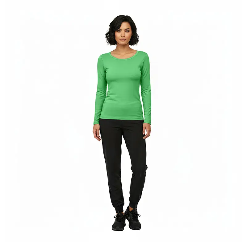Wholesale women's green long-sleeve crew neck top with black jogger pants